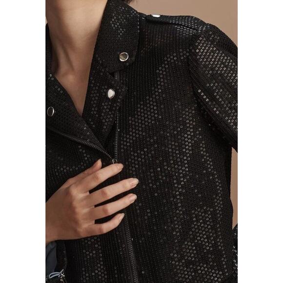 By Anthropologie Sequin Cropped Black Moto Jacket Size Large NWT - Picture 4 of 15